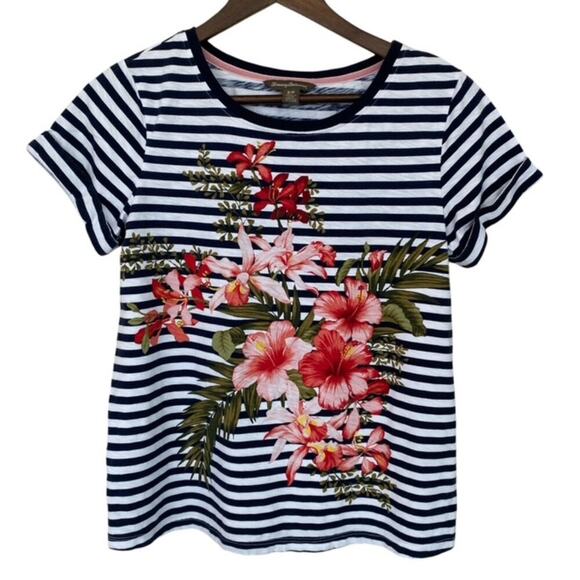 Tommy Bahama Navy and White Striped T-shirt with Floral design - Size Small - Picture 1 of 4